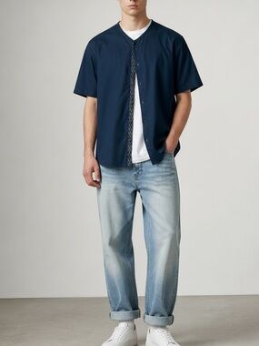NWT Illustrated Example Collarless Short Sleeve Cotton Shirt In Navy | Size S